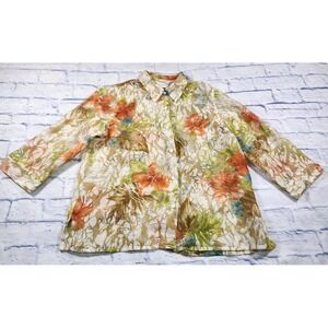 Alfred Dunner WOMENS 16 White Floral Sheer Button Blouse Pastels 3/4 Sleeve